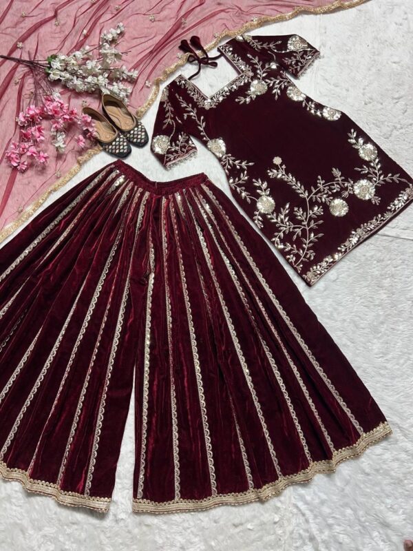 Heavy Velvet Embroidered Sharara Set - Image 2